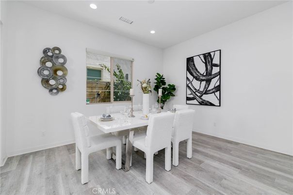 Dining room, Interior, Recessed Lighting, Wood Texture Flooring