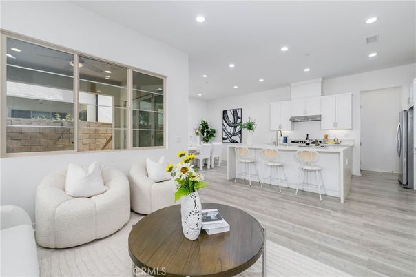 Interior, Kitchen, Living room, Recessed Lighting, Stainless Steel Appliances, Wood Texture Flooring