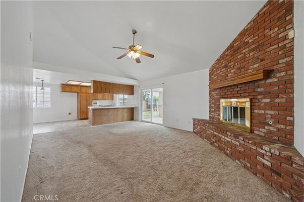 Empty room, Fireplace, Interior, Kitchen, Pendant Lights, Stone Walls