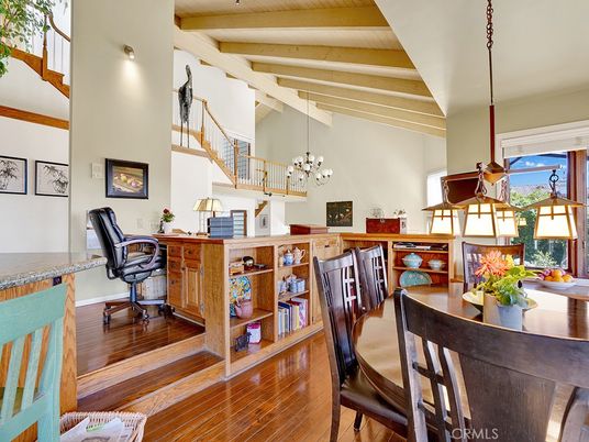 Chandelier, Home Office, Interior, Pendant Lights, Wooden Beams, Wood Texture Flooring