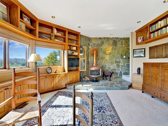 Fireplace, Interior, Recessed Lighting, Stone Walls