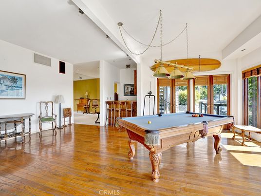 Billiard Table, Game Room, Interior, Pendant Lights, Wood Texture Flooring