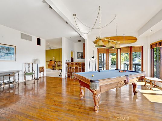 Billiard Table, Game Room, Interior, Pendant Lights, Wood Texture Flooring