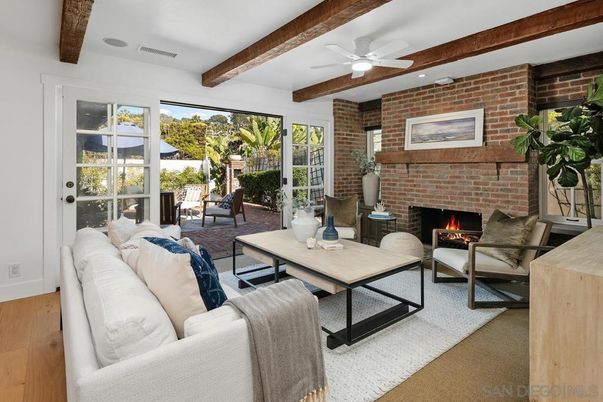 Fireplace, Interior, Living room, Recessed Lighting, Stone Walls, Wooden Beams