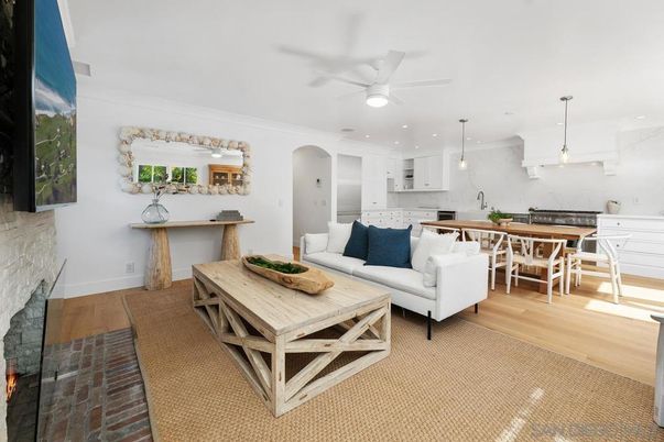 Dining room, Fireplace, Interior, Kitchen, Living room, Pendant Lights, Recessed Lighting, Wood Texture Flooring