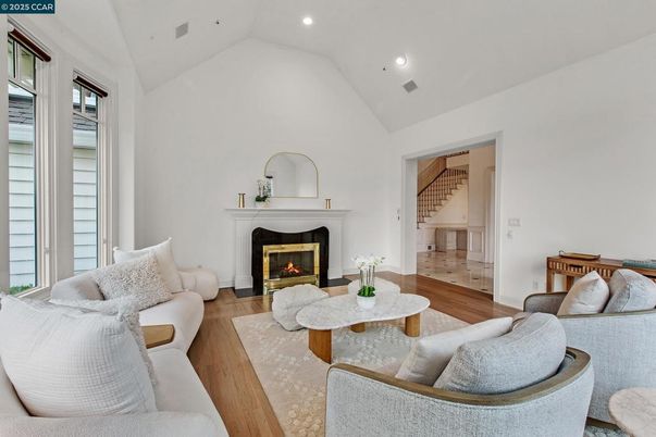 Fireplace, Interior, Living room, Recessed Lighting, Wood Texture Flooring