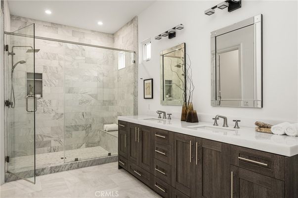 Bathroom, Dual Sink Vanities, Glass Shower, Interior, Marble Walls, Recessed Lighting