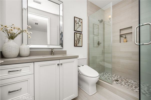 Bathroom, Glass Shower, Interior, Wood Texture Flooring