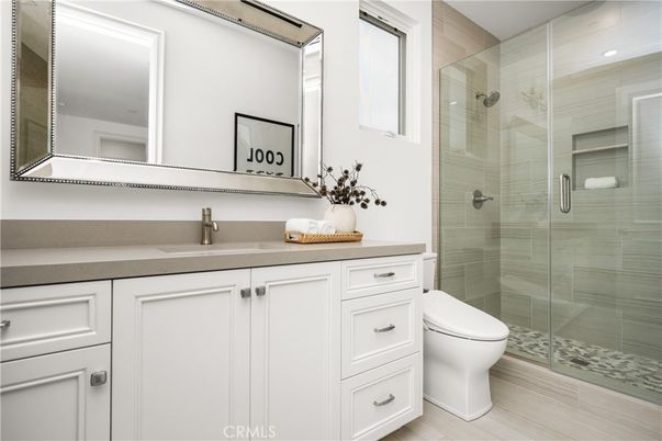 Bathroom, Glass Shower, Interior, Recessed Lighting, Wood Texture Flooring