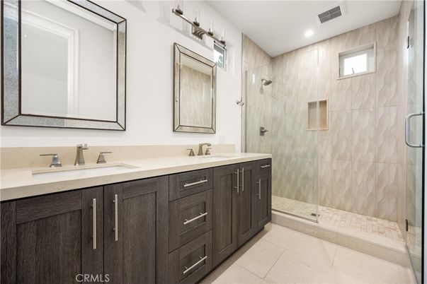 Bathroom, Dual Sink Vanities, Glass Shower, Interior, Recessed Lighting