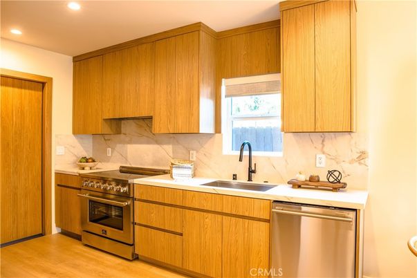 Interior, Kitchen, Recessed Lighting, Stainless Steel Appliances, Wood Texture Flooring