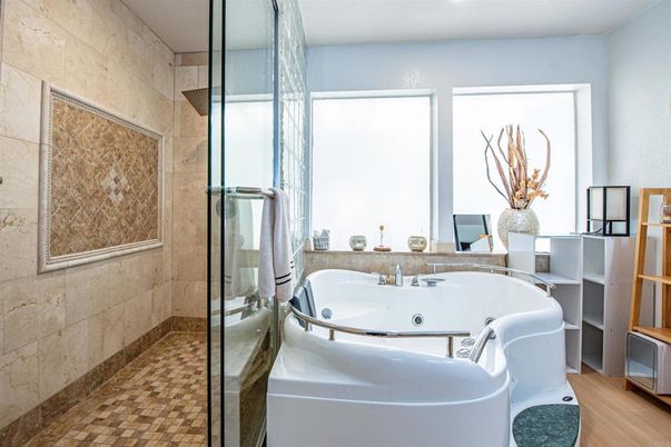 Bathroom, Glass Shower, Interior, Stone Walls, Wood Texture Flooring