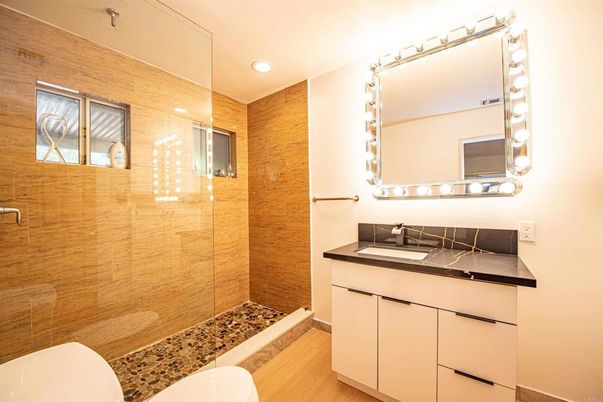 Bathroom, Glass Shower, Interior, Recessed Lighting, Wood Texture Flooring
