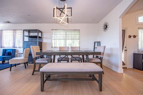 Dining room, Interior, Pendant Lights, Wood Texture Flooring