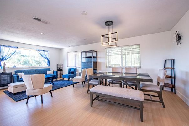 Dining room, Interior, Living room, Pendant Lights, Recessed Lighting, Wood Texture Flooring
