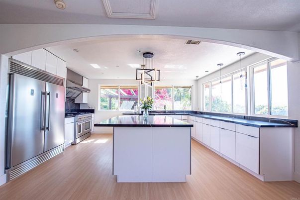 Interior, Kitchen, Pendant Lights, Recessed Lighting, Stainless Steel Appliances, Wood Texture Flooring