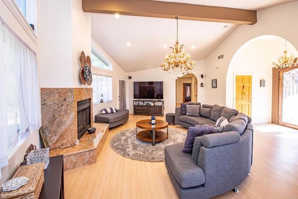 Chandelier, Fireplace, Interior, Living room, Recessed Lighting, Wooden Beams, Wood Texture Flooring