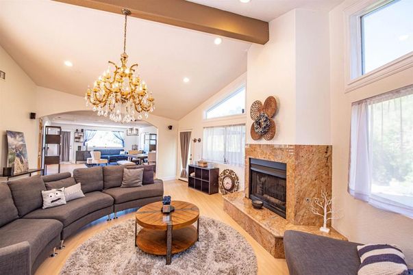 Chandelier, Dining room, Fireplace, Interior, Living room, Recessed Lighting, Wood Texture Flooring