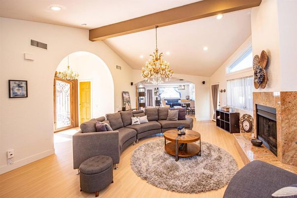 Chandelier, Dining room, Fireplace, Interior, Kitchen, Living room, Pendant Lights, Recessed Lighting, Wooden Beams, Wood Texture Flooring