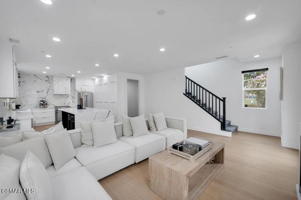Interior, Kitchen, Living room, Marble Walls, Recessed Lighting, Wood Texture Flooring