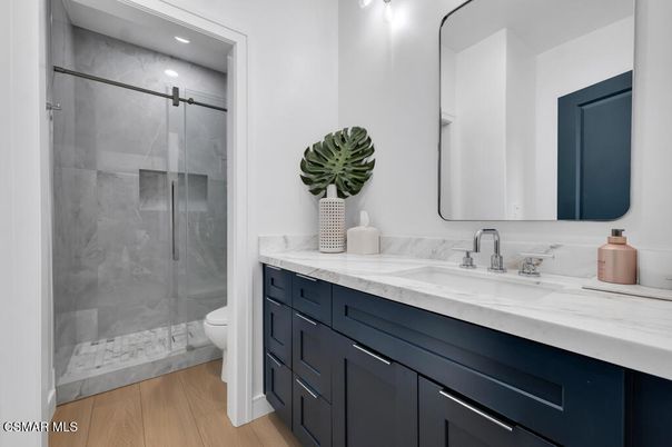 Bathroom, Glass Shower, Interior, Recessed Lighting, Wood Texture Flooring