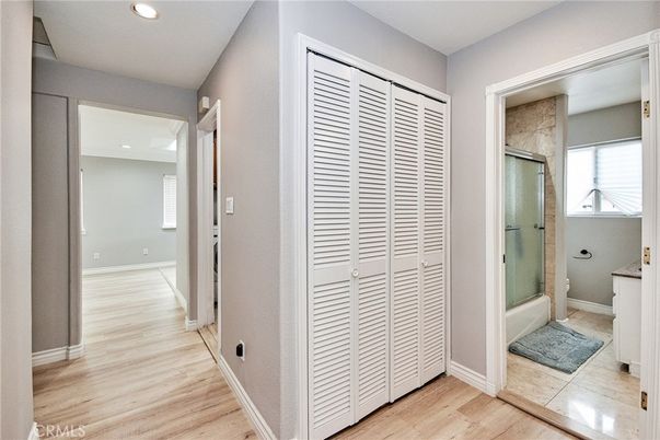 Bathroom, Glass Shower, Interior, Recessed Lighting, Wood Texture Flooring