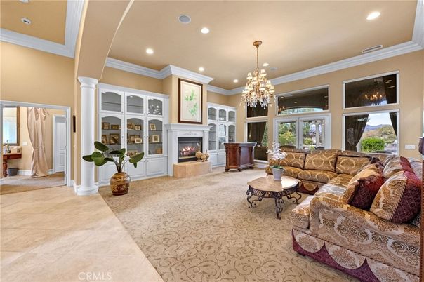 Chandelier, Fireplace, Interior, Living room, Recessed Lighting