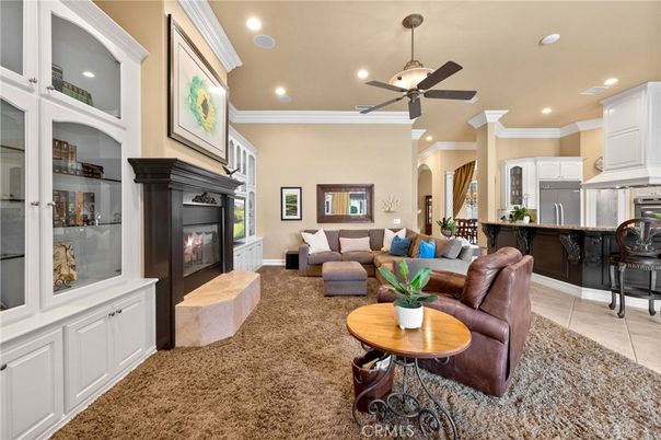 Fireplace, Interior, Kitchen, Living room, Recessed Lighting