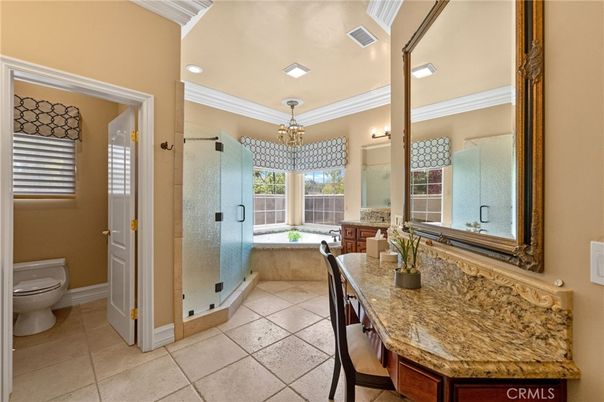 Bathroom, Chandelier, Glass Shower, Interior, Recessed Lighting