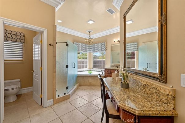 Bathroom, Chandelier, Glass Shower, Interior, Recessed Lighting