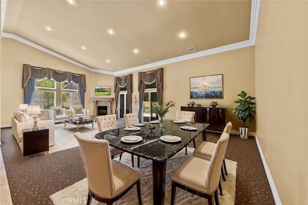 Dining room, Fireplace, Interior, Living room, Recessed Lighting