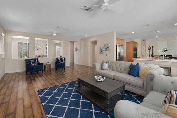 Chandelier, Interior, Kitchen, Living room, Recessed Lighting, Stainless Steel Appliances, Wood Texture Flooring