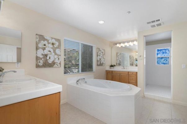 Bathroom, Dual Sink Vanities, Interior, Recessed Lighting, Tile Countertops