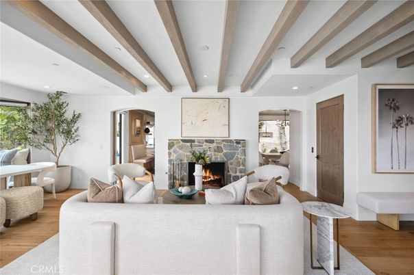 Fireplace, Interior, Living room, Pendant Lights, Recessed Lighting, Wooden Beams, Wood Texture Flooring