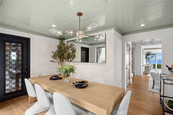 Dining room, Interior, Pendant Lights, Recessed Lighting, Wood Texture Flooring