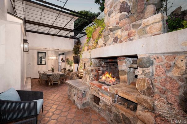 Dining room, Fireplace, Interior, Pendant Lights, Stone Walls