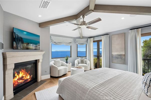 Bedroom, Fireplace, Interior, Recessed Lighting, Water, Wooden Beams, Wood Texture Flooring