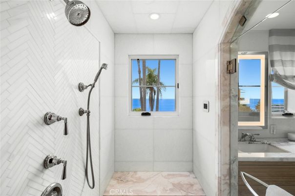 Bathroom, Glass Shower, Interior, Marble, Recessed Lighting, Water