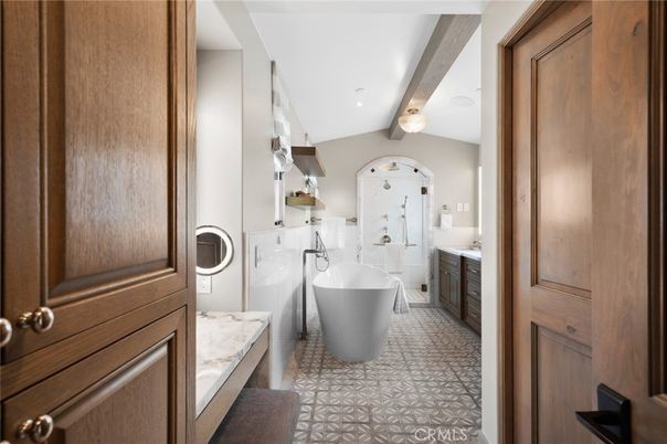 Bathroom, Dual Sink Vanities, Free Standing Baths, Interior, Recessed Lighting, Wooden Beams