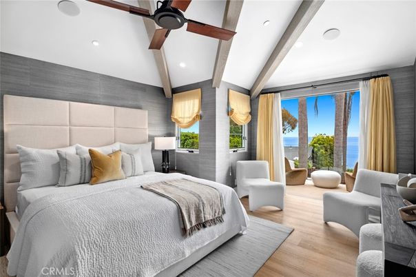 Bedroom, Interior, Recessed Lighting, Water, Wooden Beams, Wood Texture Flooring
