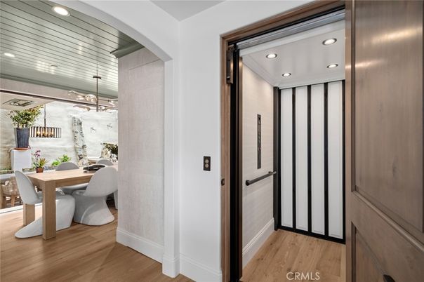 Dining room, Interior, Pendant Lights, Recessed Lighting, Wood Texture Flooring
