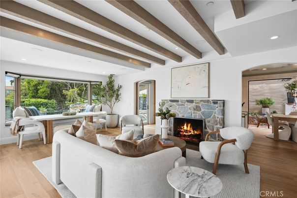 Dining room, Fireplace, Interior, Living room, Recessed Lighting, Wooden Beams, Wood Texture Flooring