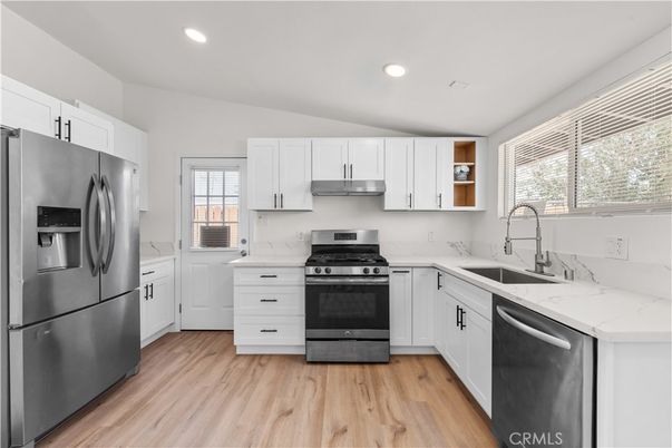 Interior, Kitchen, Recessed Lighting, Stainless Steel Appliances, Wood Texture Flooring