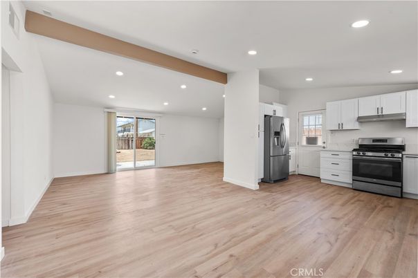 Interior, Kitchen, Recessed Lighting, Stainless Steel Appliances, Wooden Beams, Wood Texture Flooring