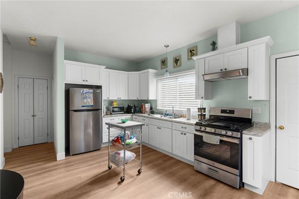 Interior, Kitchen, Pendant Lights, Stainless Steel Appliances, Wood Texture Flooring