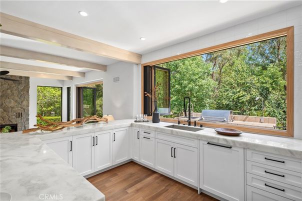Interior, Kitchen, Recessed Lighting, Stone Walls, Wooden Beams, Wood Texture Flooring