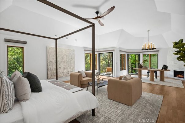 Bedroom, Chandelier, Fireplace, Interior, Living room, Wood Texture Flooring