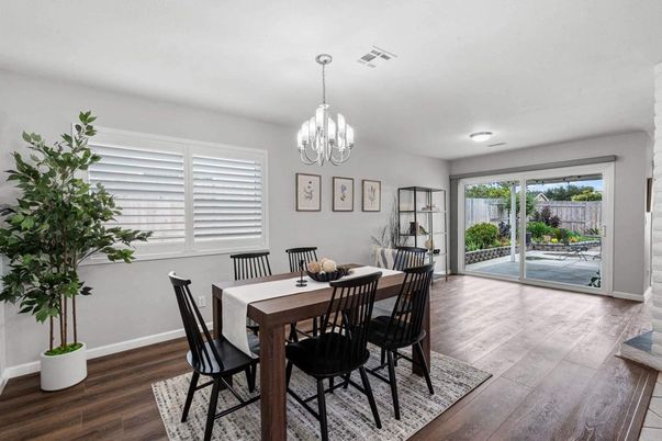 Chandelier, Dining room, Interior, Wood Texture Flooring