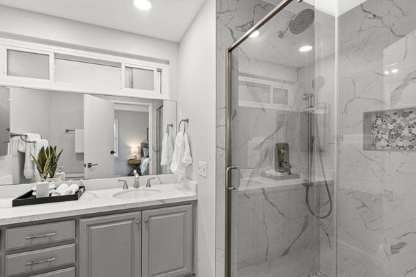Bathroom, Glass Shower, Interior, Marble Walls, Recessed Lighting