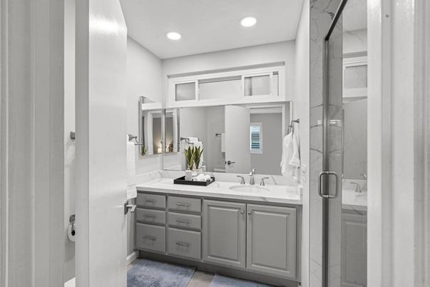Bathroom, Dual Sink Vanities, Glass Shower, Interior, Recessed Lighting